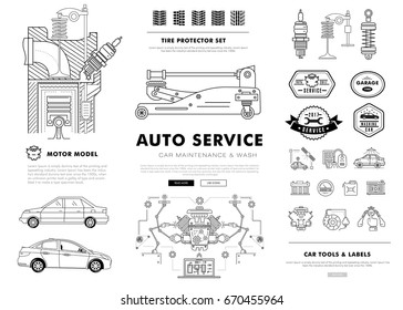Auto service contour line composition. Technology operations. Diagnostics machine centre. Mechanic worker on station. Awesome big set thin style. Automobile pictogram and icons elements for web.