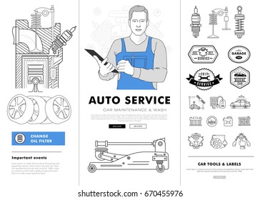 Auto service contour line composition. Technology operations. Diagnostics machine centre. Mechanic worker on station. Awesome big set thin style. Automobile pictogram and icons elements for web.