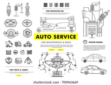 Auto service contour line composition. Technology operations. Diagnostics machine centre. Mechanic worker on station. Awesome big set thin style. Automobile pictogram and icons elements for web.