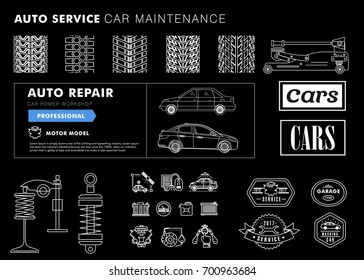 Auto service contour line composition. Technology operations. Diagnostics machine centre. Mechanic worker on station. Awesome big set thin style. Automobile pictogram and icons elements for web.