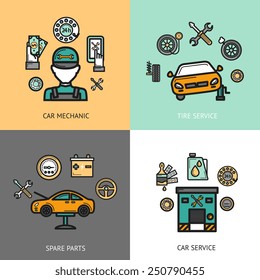 Auto service design concept set with car mechanic tire service spare parts flat icons isolated vector illustration