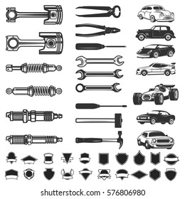 Auto service design elements. Car repair. Design element for logo, label, emblem, sign, poster. Vector illustration.