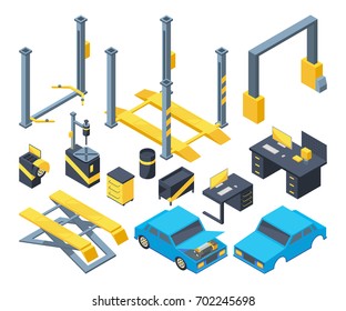 Auto service with different equipment. Mechanic tools for automobile diagnostic. Cartoon isometric illustrations auto service garage repair