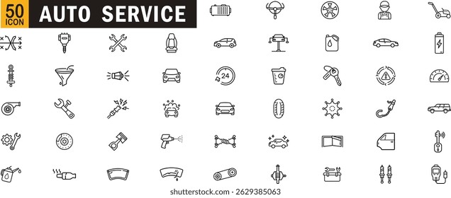 Auto service editable outline icon set. Engine, car, repair, tools, oil, maintenance and more.