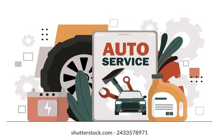 Auto service elements. Car wheel, tool set and accumulator. Hammer and wrench for repair automobile. Modernization and tunning. Cartoon flat vector illustration isolated on white background