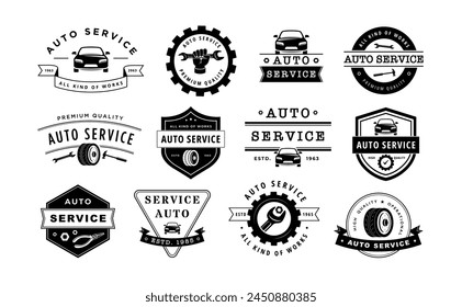 Auto service emblem. Car repair label, mechanic workshop badge template and automotive maintenance branding vector set of garage mechanic, repair label service illustration