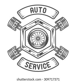 Auto service emblem, sign. The wheel, the piston and place for text. The monochrome style.