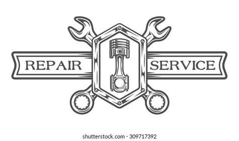 Auto service emblem, sign. Wrench, plunger and place for text. The monochrome style.