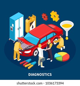 Auto service equipment isometric concept with diagnostocs symbols vector illustration 