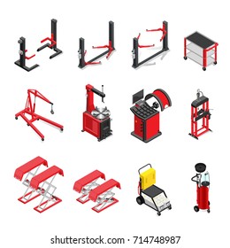 auto service equipment set, lifts and mechanisms for work in a body shop. isometric style