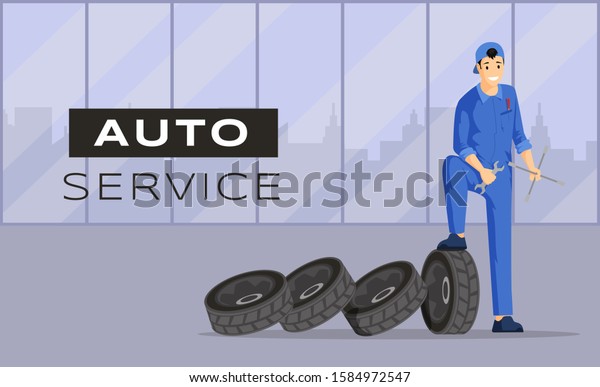 Auto service flat banner vector template. Car\
repair workshop, professional automobile maintenance advertising\
poster concept. Young mechanic, repairman in coverall illustration\
with typography