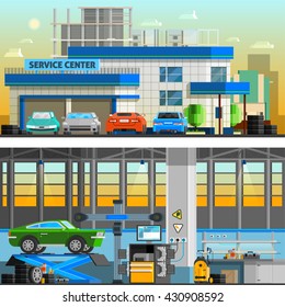 Auto service banners horizontais planos com estacionamento perto de edifício centro de serviço e oficina interior interior com equipamentos para diagnóstico e reparação de automóveis ilustração vetorial