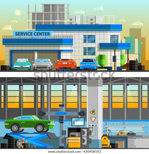 Auto service flat horizontal banners with\
parking near service center building and  workshop indoor interior\
with equipment for diagnostics and repair automobiles vector\
illustration