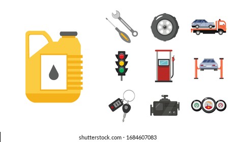 Auto service flat icon set with oil canister, car key, car repair illustration design elements