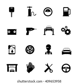 Auto service flat icons set in black color with mechanic car garage tools station isolated vector illustration