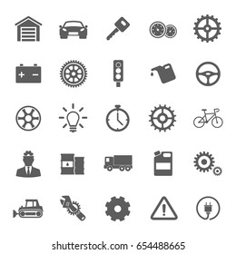 Auto service flat icons set in gray color with mechanic car garage tools station isolated vector illustration