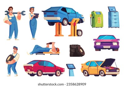 Auto service flat set with cars and smiling mechanics isolated vector illustration