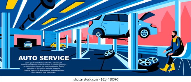 Auto service flat vector landing page template. Car repair and maintenance service banner layout with header. Vehicle tires changing, automobile inspection cartoon illustration with text space