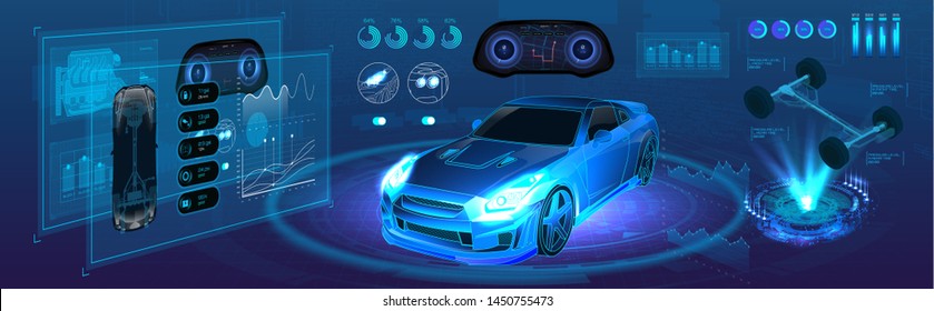 Auto service of the future, high-tech diagnostics car in the style of HUD. Autonomous car vehicle with infographic. Isometric smart car banner. HUD UI interface elements. Vector Illustration