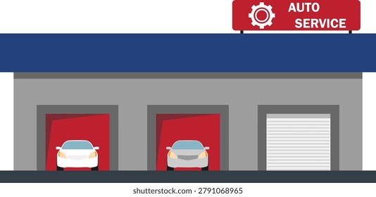 Auto service garage building vector flat illustration with red bays cars and sign board