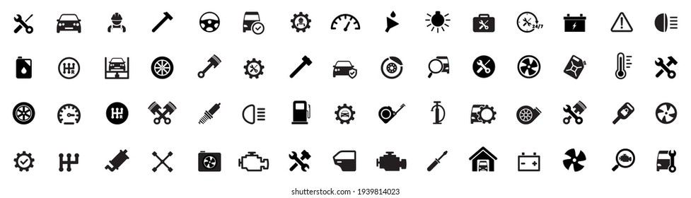 Auto service, garage, car, 60 icons set. Repair cars, car detail. Vector illustration.