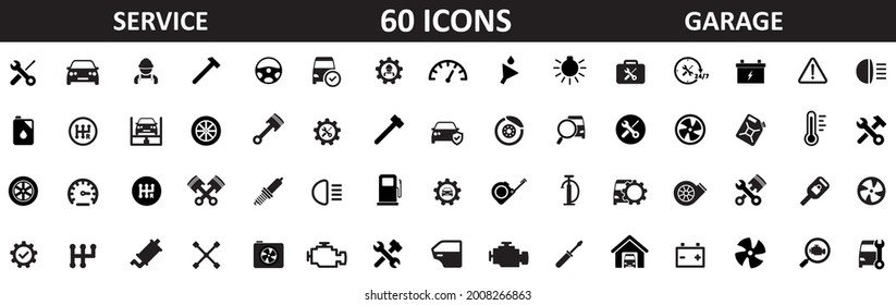 Auto service, garage, car, 60 icons set. Repair cars, car detail. Vector illustration.
