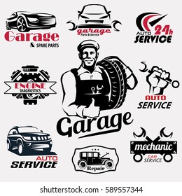 auto service and garage retro emblems and labels collection