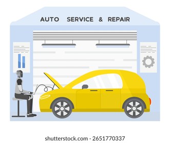 Garagem de serviço automático com robô mecânico reparando capuz de carro amarelo aberto, vetor de fundo conceitual