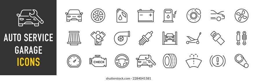 Auto service and garage web icons in line style. Car, automobile, wash, shop, oil, maintenance, engine, diagnostic, rapair, tire. Vector illustration.