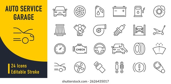 Serviço automático e ícones web garagem em estilo de linha. Carro, automóvel, lavagem, loja, óleo, manutenção, motor, diagnóstico, rapair, pneu. Ilustração vetorial.	