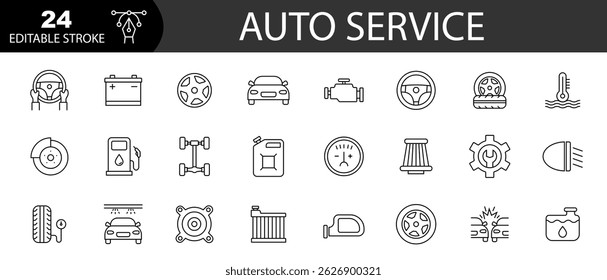 Auto serviço e ícones web garagem. Carro, automóvel, lavagem, manutenção, motor, diagnóstico, rapair, pneu. Traçado editável. Ilustração vetorial