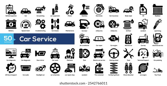 Auto Service icon collection glyph style. Vehicle inspection, Car, Car painting, car suspension ,Piston, and Car insurance