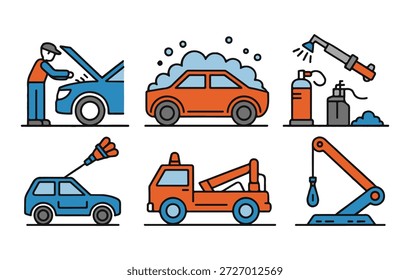 Auto coleção de ícone de serviço com várias tarefas de manutenção e reparação de veículos, incluindo lavagem de carro e reboque.