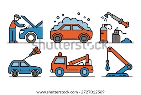 Auto service icon collection with various vehicle maintenance and repair tasks, including car wash and towing.