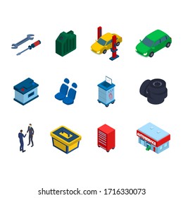 Auto Service Icon Set 3d Isometric View Include of Car, Battery, Tire and Spanner. Vector illustration of Icons