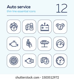 Auto service icon. Set of line icon on white background. Speedometer, engine, wheel. Car mechanics concept. Vector illustration can be used for topics like transportation, service, cars