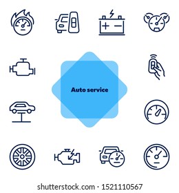 Icono de servicio automático. Icono de conjunto de líneas en fondo blanco. Velocímetro, motor, rueda. Concepto de mecánica de Camión. La ilustración vectorial puede utilizarse para temas como transporte, servicio, camiones