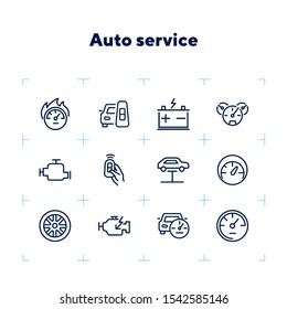 Auto service icon. Set of line icon on white background. Speedometer, engine, wheel. Car mechanics concept. Vector illustration can be used for topics like transportation, service, cars