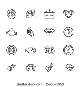 Auto service icon. Set of line icon on white background. Speedometer, engine, wheel. Car mechanics concept. Vector illustration can be used for topics like transportation, service, cars