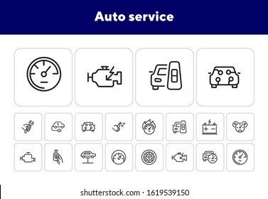 Auto service icon. Set of line icon on white background. Speedometer, engine, wheel. Car mechanics concept. Vector illustration can be used for topics like transportation, service, cars