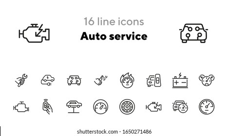 Auto service icon. Set of line icon on white background. Speedometer, engine, wheel. Car mechanics concept. Vector illustration can be used for topics like transportation, service, cars