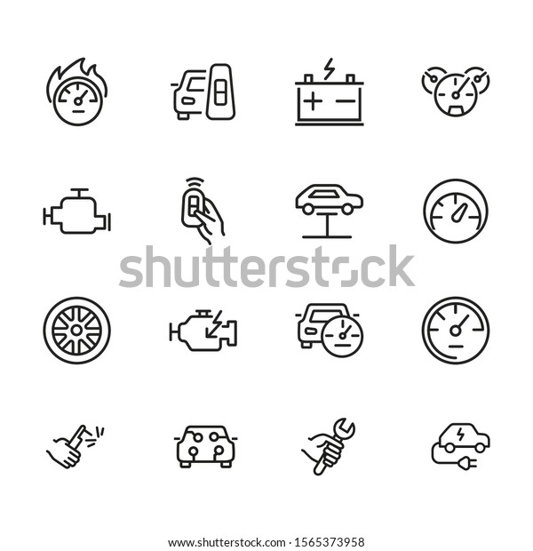 Auto\
service icon. Set of line icon on white background. Speedometer,\
engine, wheel. Car mechanics concept. Vector illustration can be\
used for topics like transportation, service,\
cars