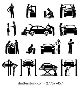 Auto service icons black set with mechanic and cars silhouettes isolated vector illustration