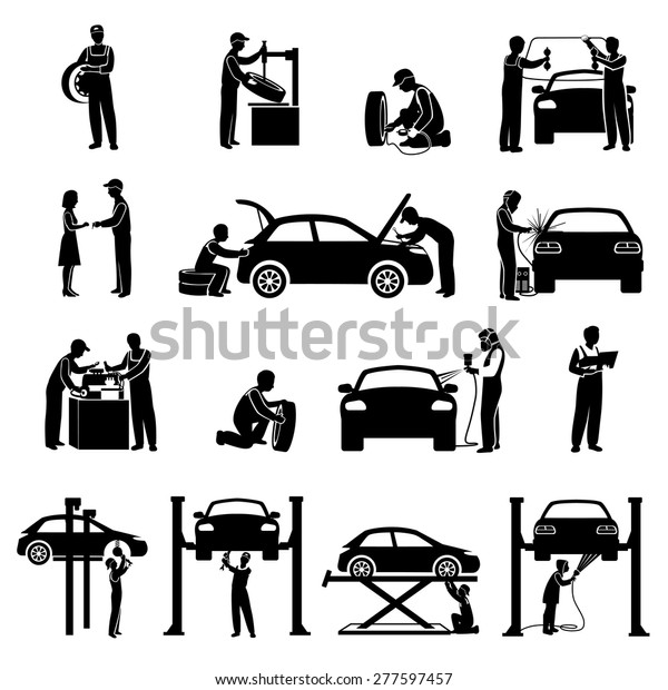 Auto service icons black set with\
mechanic and cars silhouettes isolated vector\
illustration