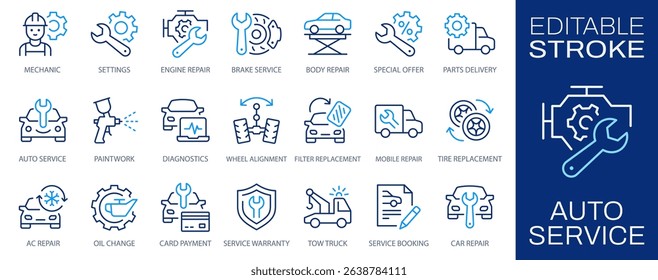 Auto service icons set with car repair, diagnostics, painting, mechanic and and more. Editable stroke. Change to any size and any color.