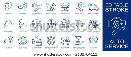 Auto service icons set with car repair, diagnostics, painting, mechanic and and more. Editable stroke. Change to any size and any color.