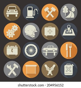 Auto service icons set in a flat style on the color plate and long shadow