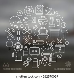 Auto service icons set in thin line style. White print on a blurred background