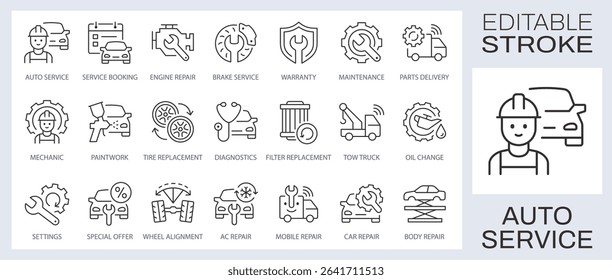 Auto service icons, such as car maintenance, diagnostics, auto mechanic and more. Editable stroke.