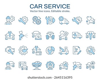 Ícones de serviço automático, como manutenção de carro, diagnóstico, mecânico automático e muito mais. Ilustração vetorial. Traçado editável. Altere para qualquer tamanho e qualquer cor.